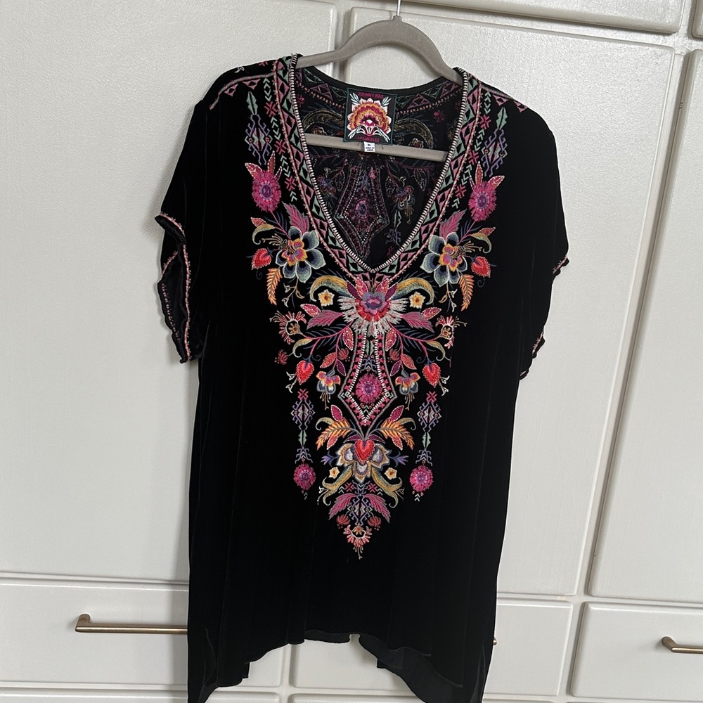 Johnny Was Black Top with Colorful Embroidery